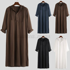 US STOCK Men Muslim Clothing Saudi Dishdash Kaftan Casual Loose Thobe Robe Tops
