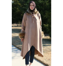 Puane Suede Islamic Modest Turkish Poncho Coat with Fur 3131 Beige