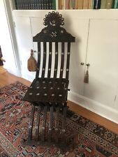 Antique Wood Moorish Syrian Folding Chair with Mother of Pearl Inlay Stars Moon